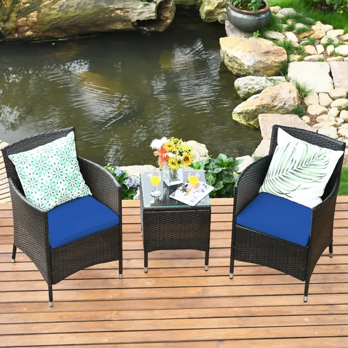 3 Pieces Ergonomic Wicker Patio Conversation Set-Navy