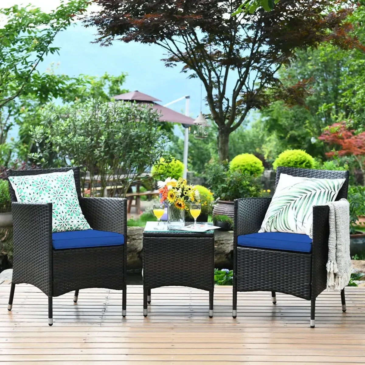 3 Pieces Ergonomic Wicker Patio Conversation Set-Navy