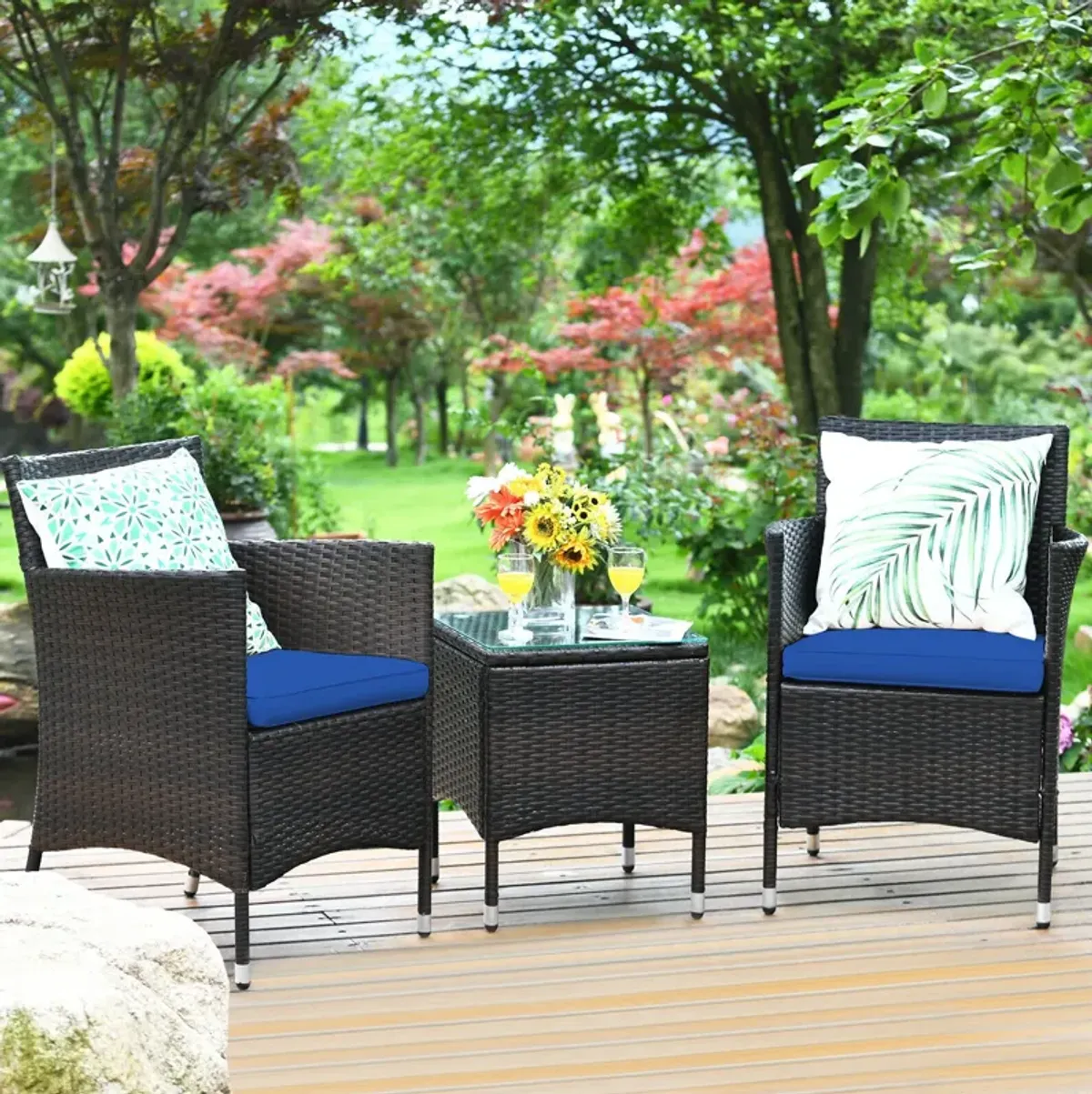 3 Pieces Ergonomic Wicker Patio Conversation Set-Navy