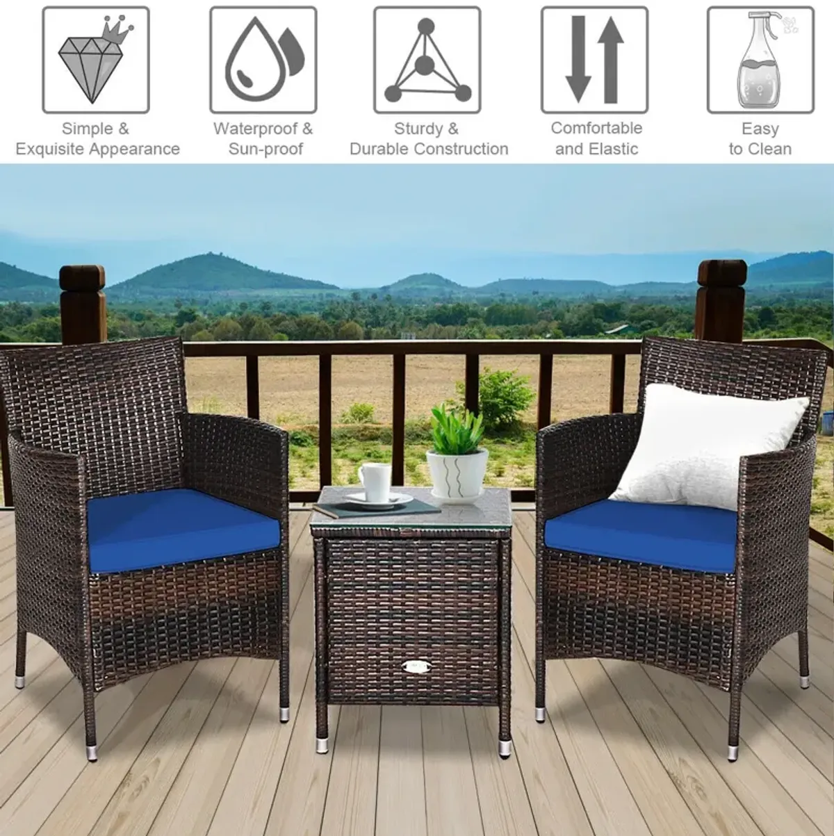 3 Pieces Ergonomic Wicker Patio Conversation Set-Navy