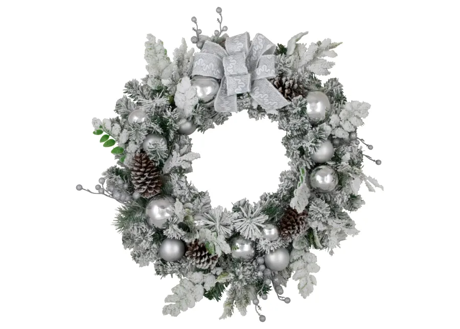 Glitter and Frosted Foliage Artificial Christmas Wreath with Bow  30-Inch  Unlit