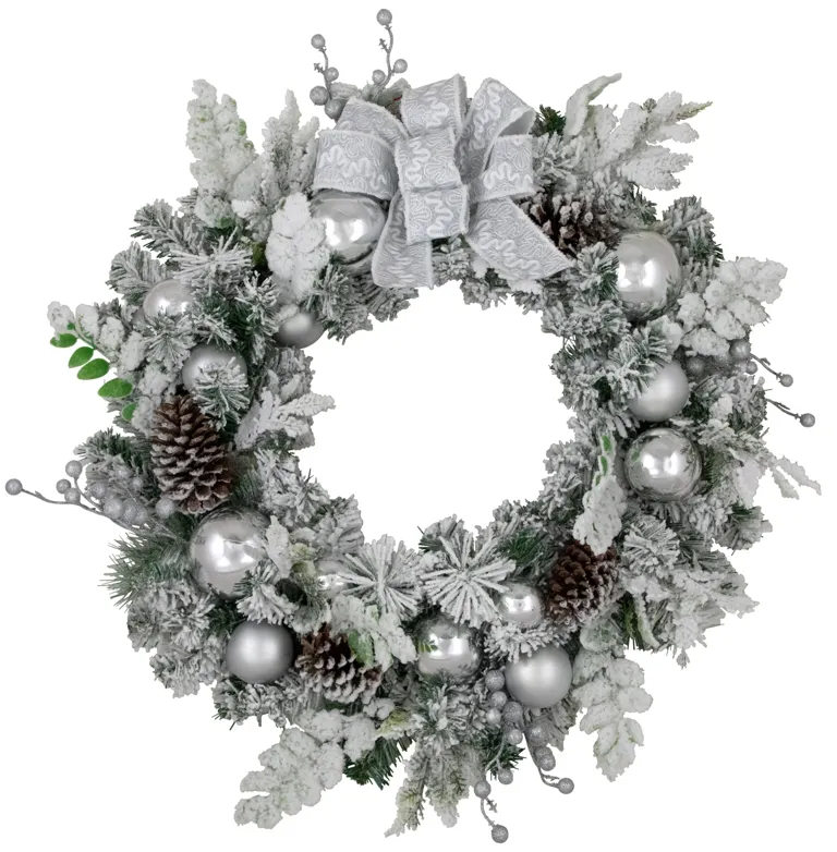 Glitter and Frosted Foliage Artificial Christmas Wreath with Bow  30-Inch  Unlit