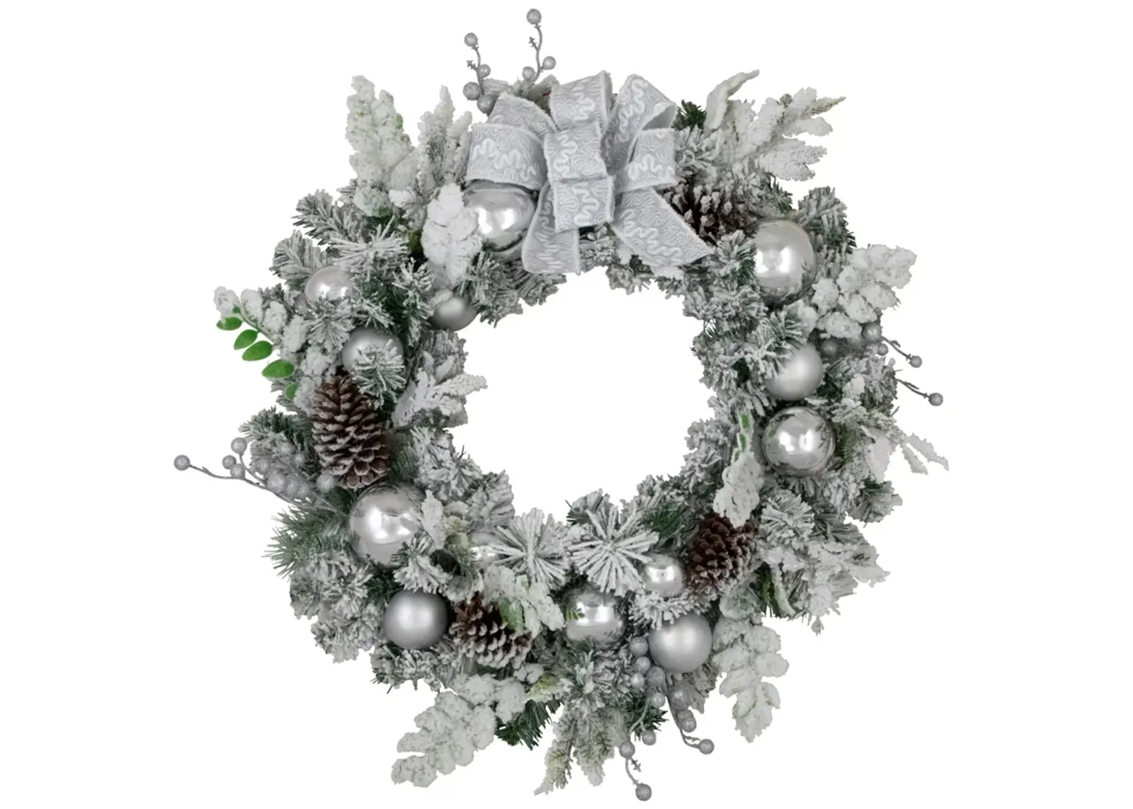 Glitter and Frosted Foliage Artificial Christmas Wreath with Bow  30-Inch  Unlit