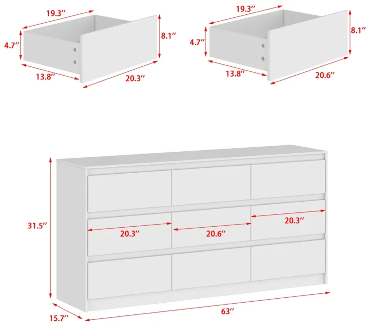 FUFU&GAGA Dresser with 9 Spacious Drawers, (63" W x 15.7" D x 31.5" H),White