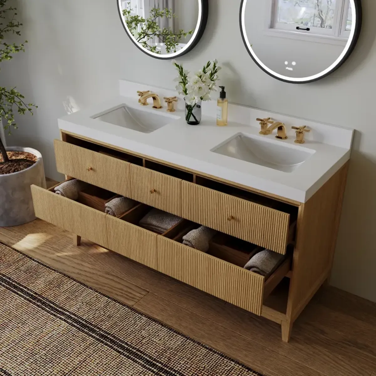 Momo 60 in. Oak Bath Vanity Set with White Quartz Vanity Top and White Undermount Basin