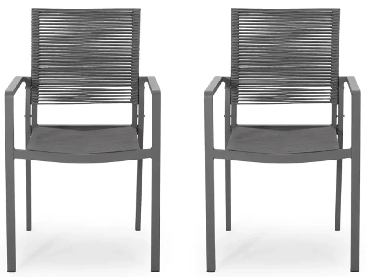 Teny Outdoor Dining Chair Set of 2, Open Back, Woven Rope, Dark Gray Metal - Benzara