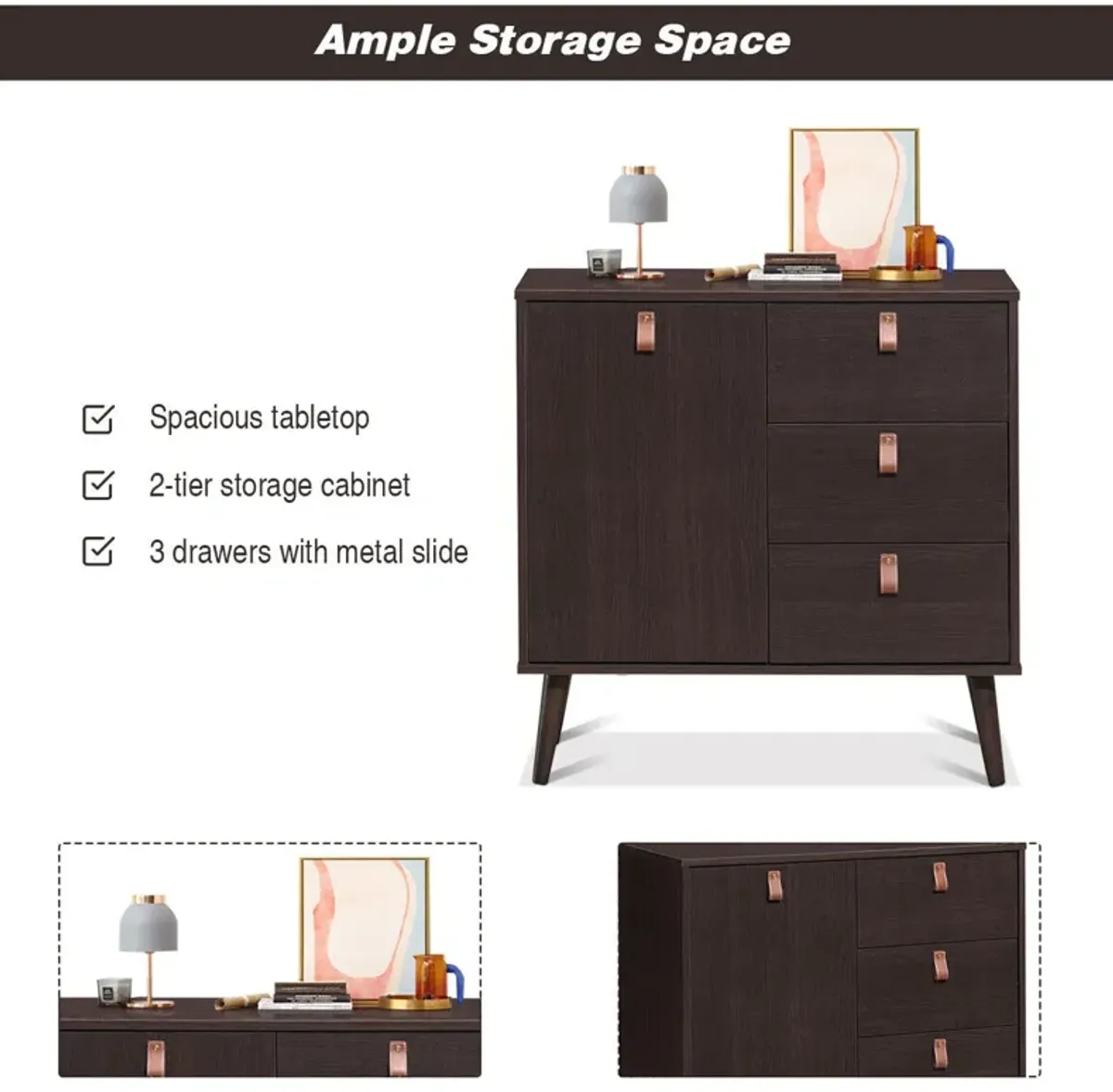 3-drawer Sideboard Storage Display Cabinet-Brown