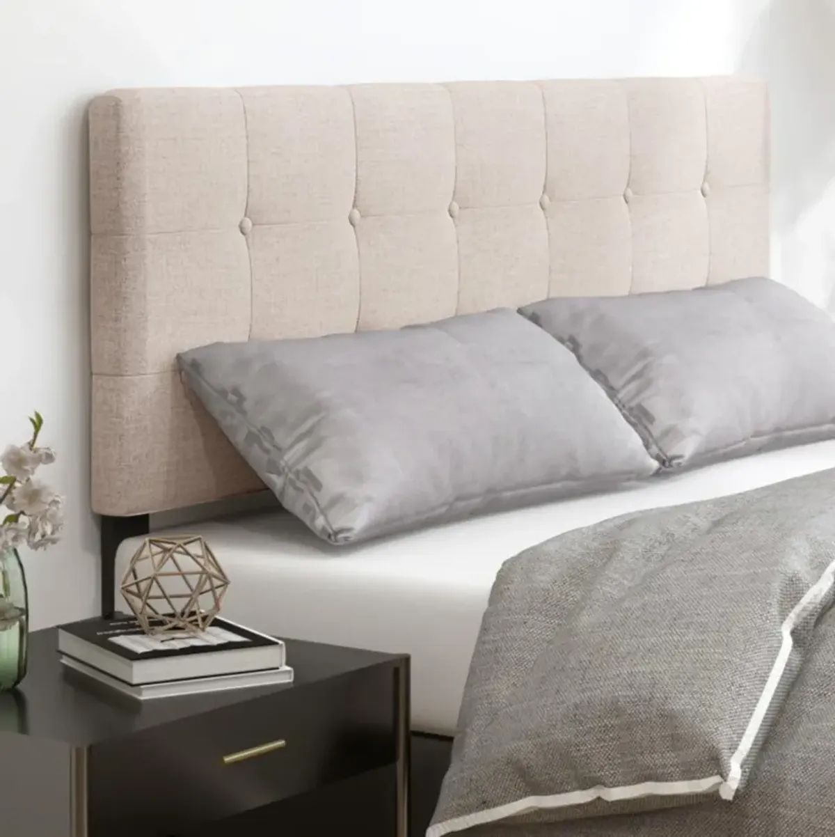 Hivvago Linen Upholstered Headboard with Solid Rubber Wood Legs