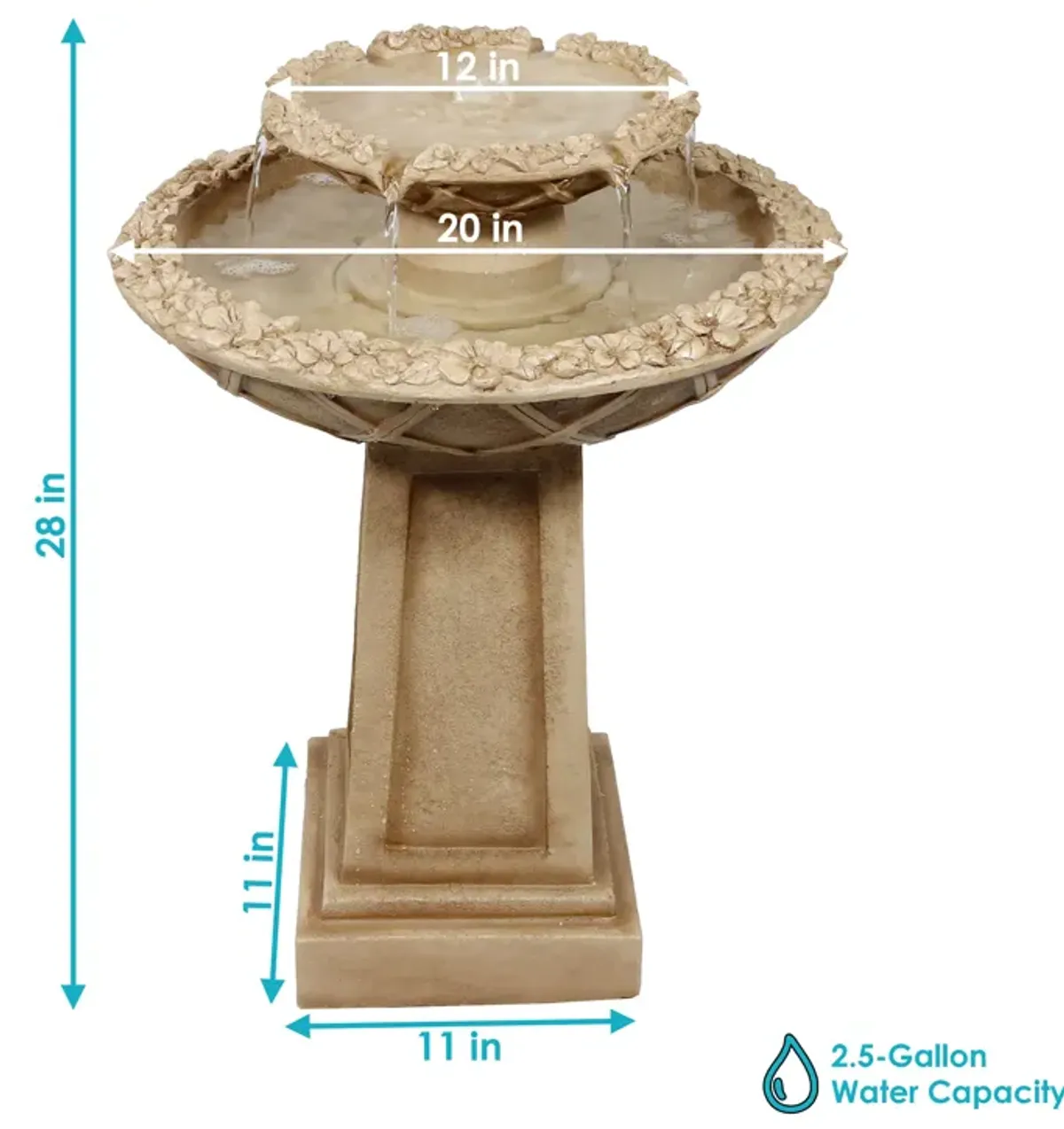 Sunnydaze Beveled Flower Polyresin Outdoor 2-Tier Bird Bath Fountain