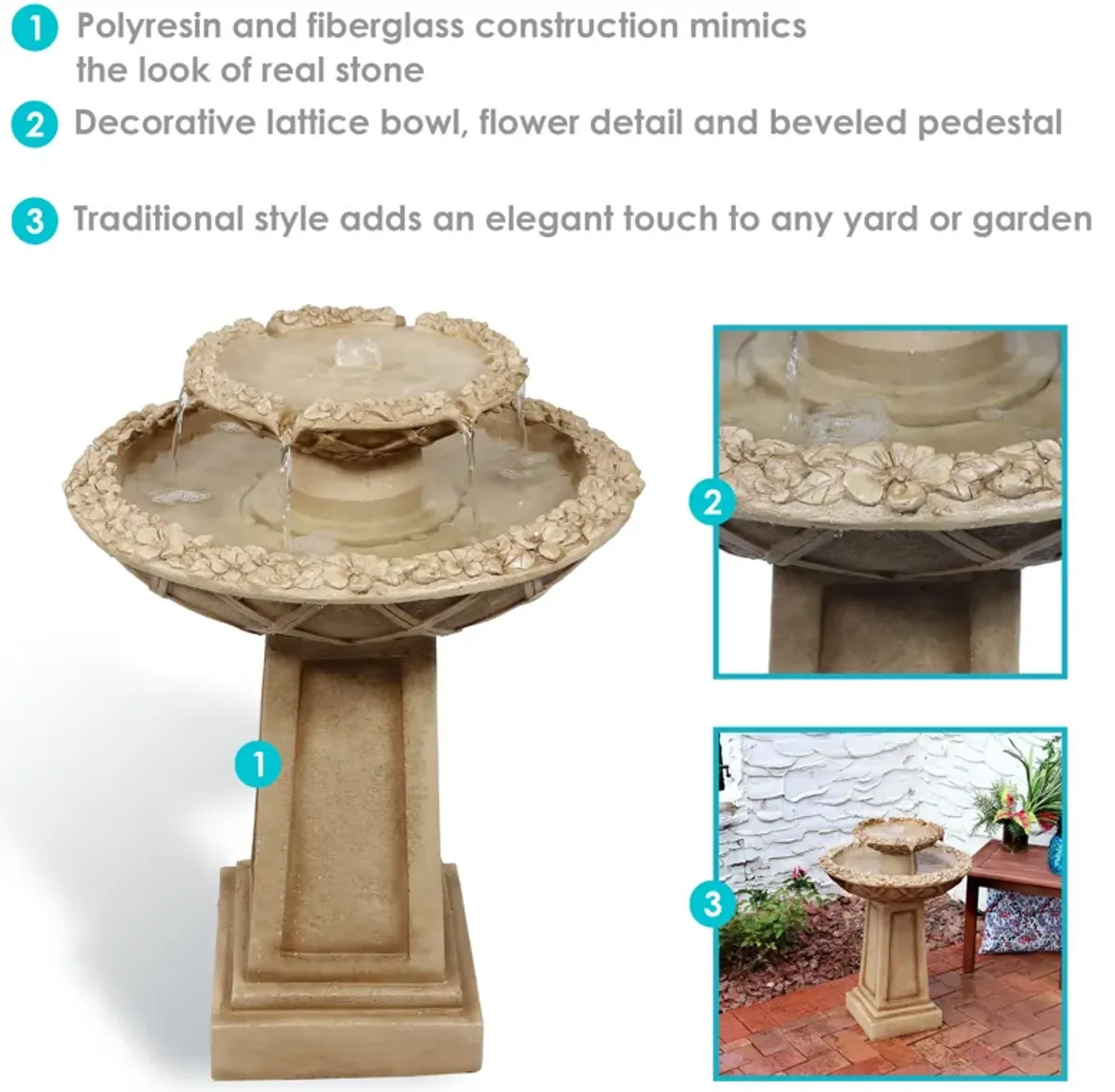 Sunnydaze Beveled Flower Polyresin Outdoor 2-Tier Bird Bath Fountain