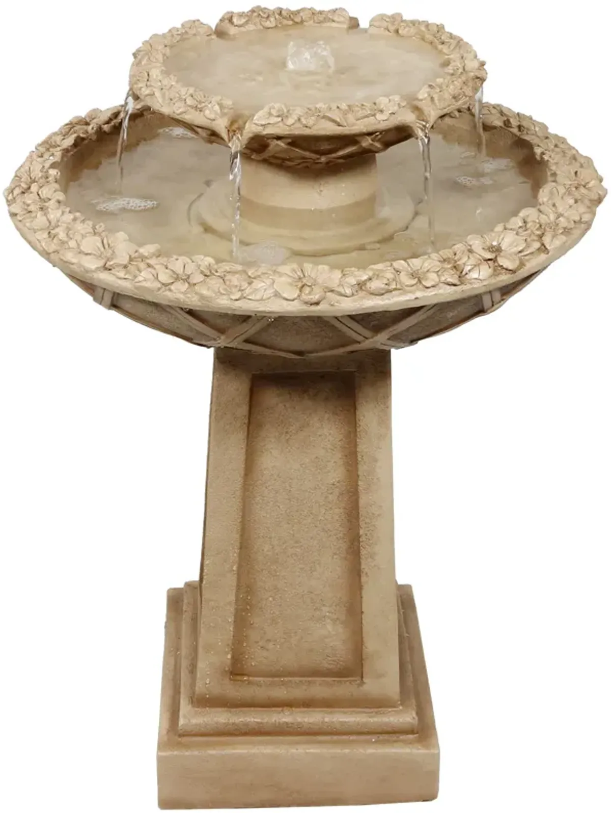 Sunnydaze Beveled Flower Polyresin Outdoor 2-Tier Bird Bath Fountain