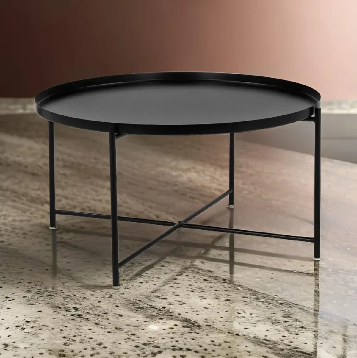 Ely 33 Inch Coffee Table, Round Tray Top, Cross Base, Black Metal Finish - Benzara