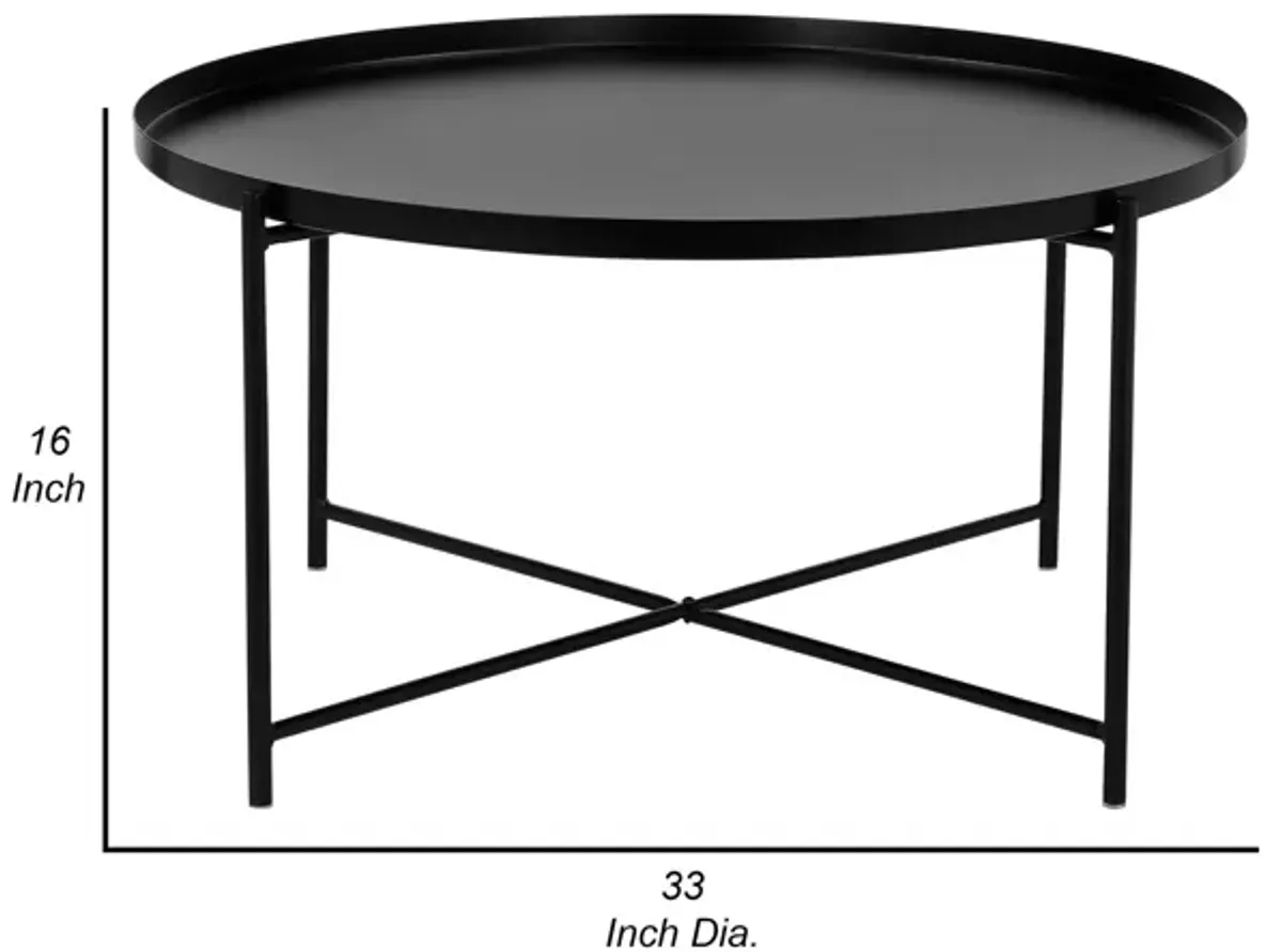 Ely 33 Inch Coffee Table, Round Tray Top, Cross Base, Black Metal Finish - Benzara