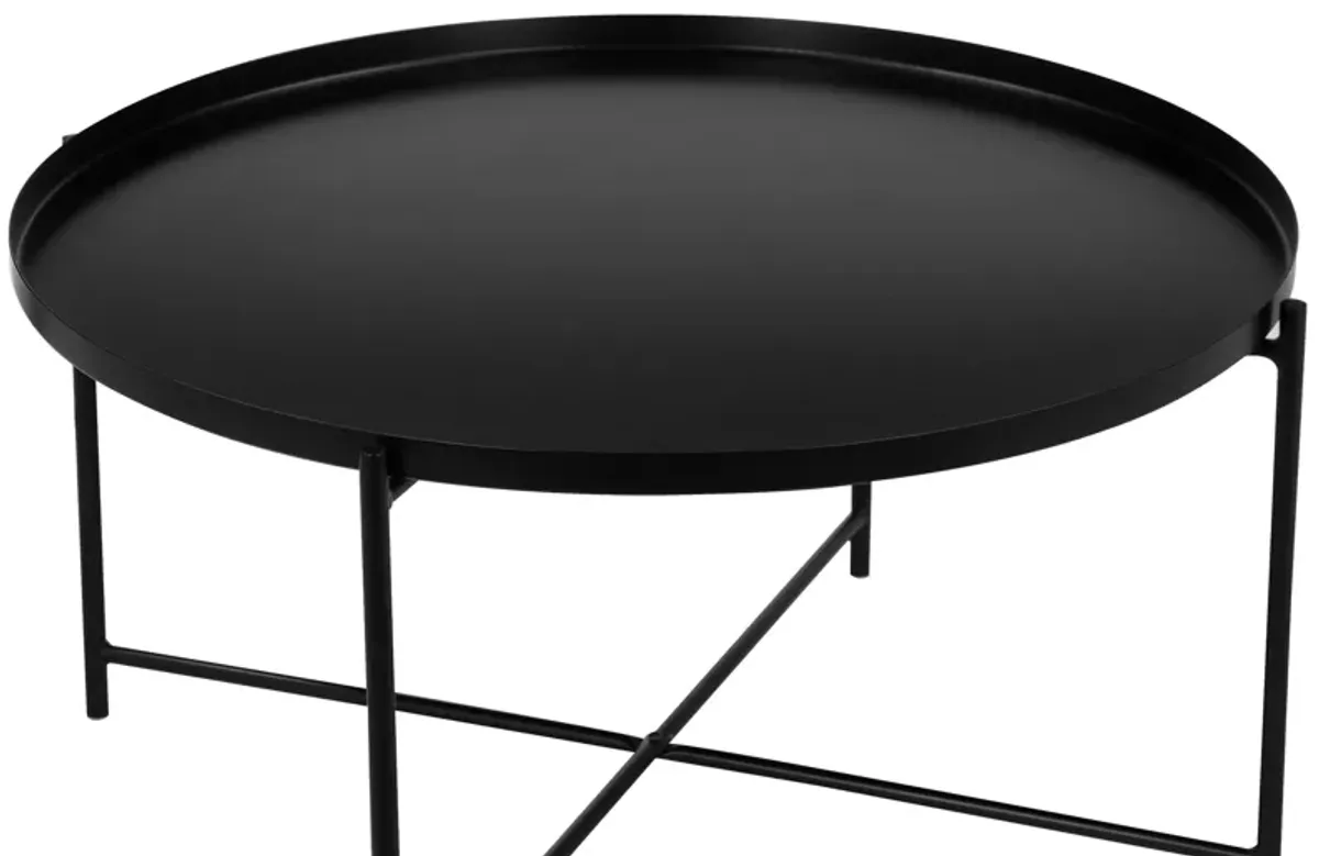 Ely 33 Inch Coffee Table, Round Tray Top, Cross Base, Black Metal Finish - Benzara