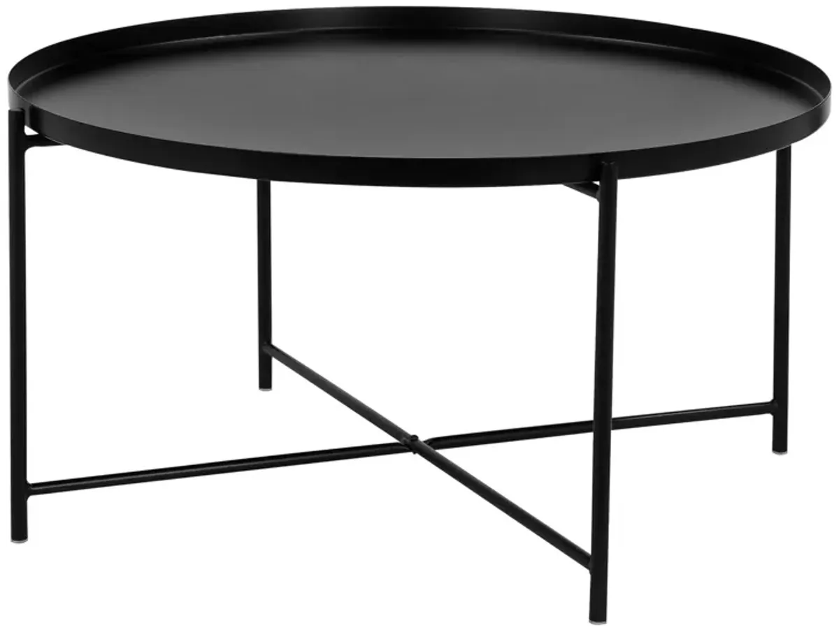 Ely 33 Inch Coffee Table, Round Tray Top, Cross Base, Black Metal Finish - Benzara