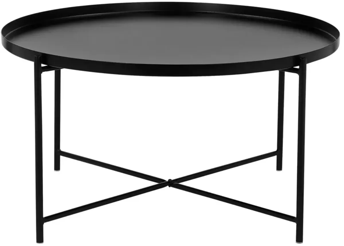 Ely 33 Inch Coffee Table, Round Tray Top, Cross Base, Black Metal Finish - Benzara