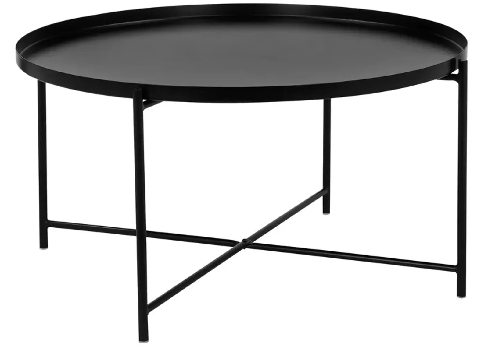 Ely 33 Inch Coffee Table, Round Tray Top, Cross Base, Black Metal Finish - Benzara