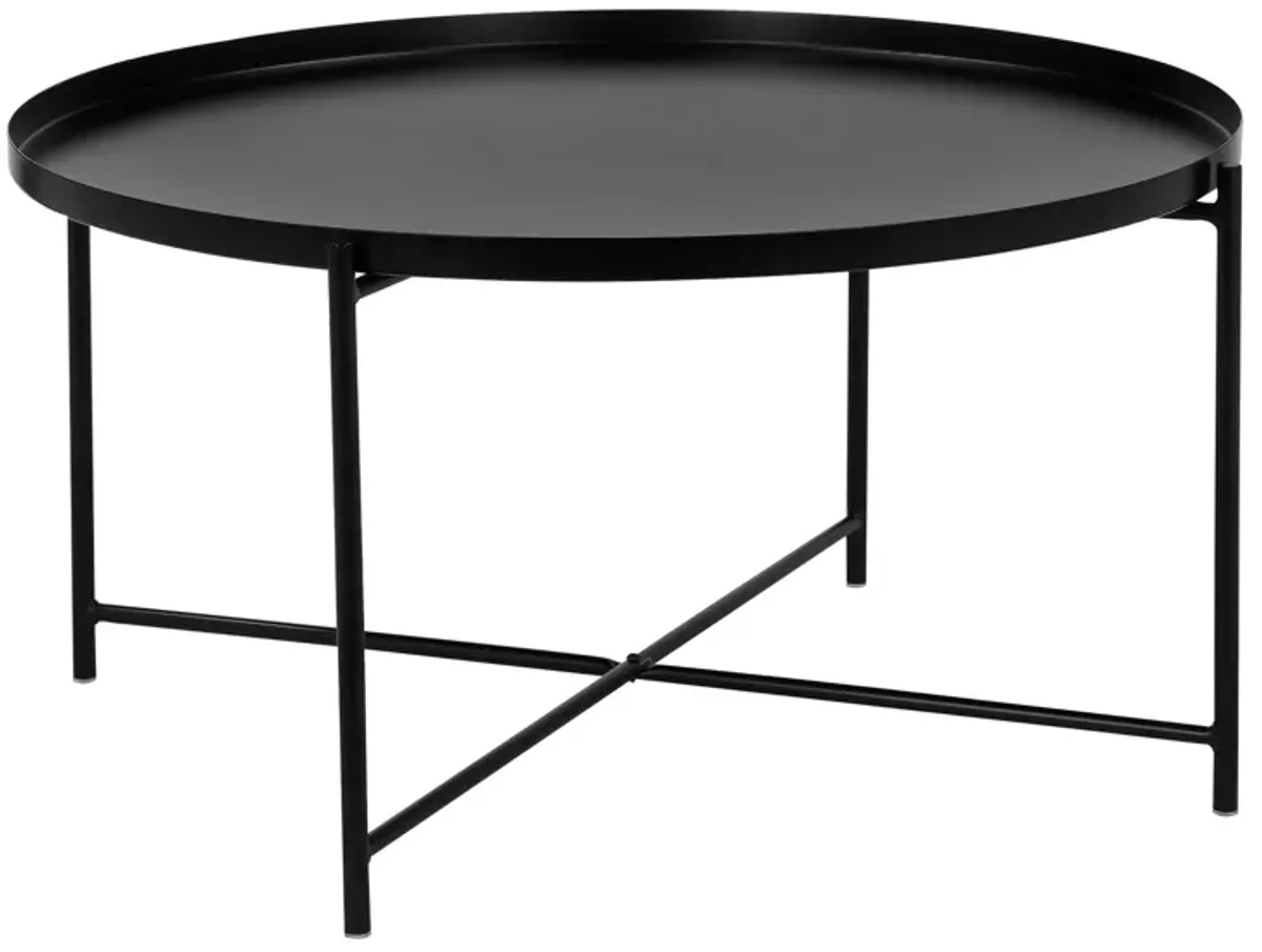 Ely 33 Inch Coffee Table, Round Tray Top, Cross Base, Black Metal Finish - Benzara