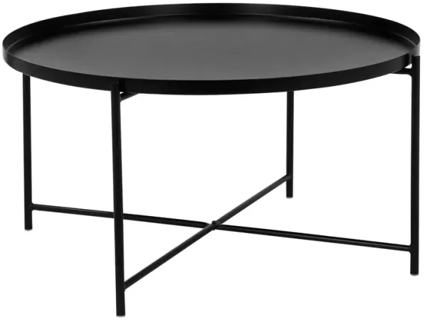 Ely 33 Inch Coffee Table, Round Tray Top, Cross Base, Black Metal Finish - Benzara