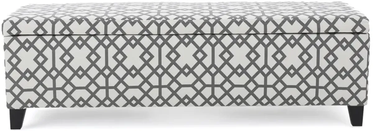 Flash Storage Ottoman Bench, Light Gray Geometric Print Fabric 51 Inch -Benzara