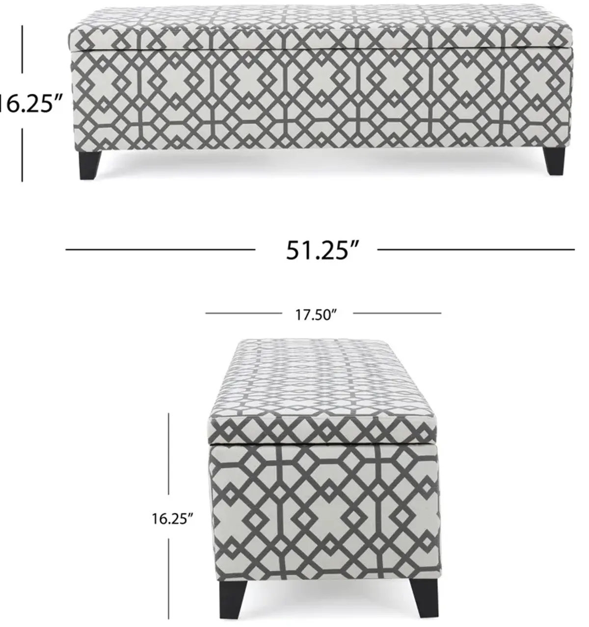 Flash Storage Ottoman Bench, Light Gray Geometric Print Fabric 51 Inch -Benzara