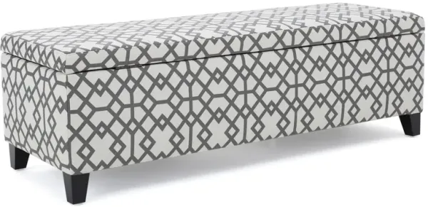 Flash Storage Ottoman Bench, Light Gray Geometric Print Fabric 51 Inch - Benzara