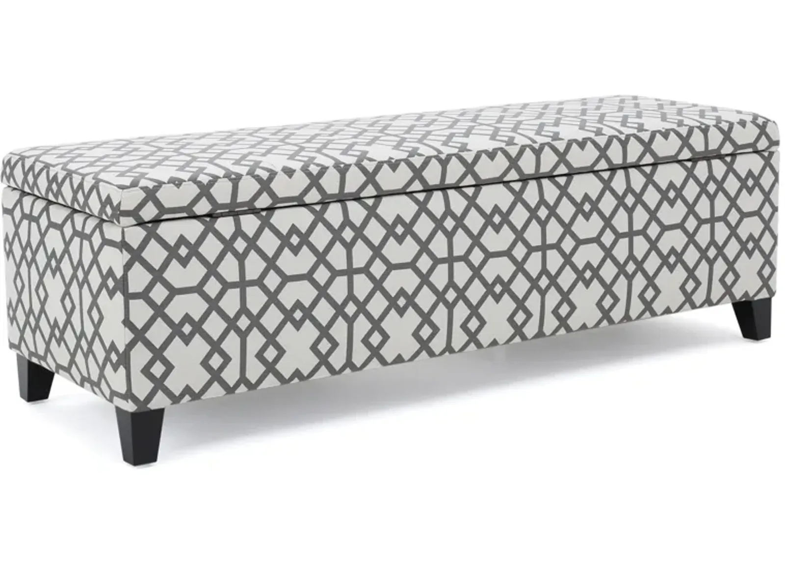 Flash Storage Ottoman Bench, Light Gray Geometric Print Fabric 51 Inch -Benzara