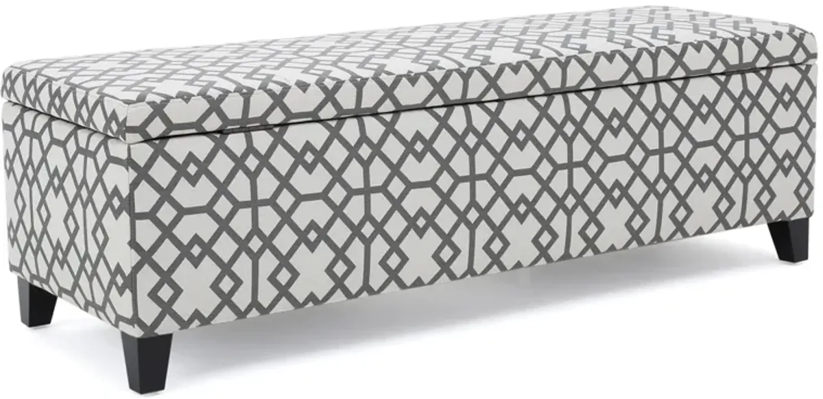 Flash Storage Ottoman Bench, Light Gray Geometric Print Fabric 51 Inch -Benzara