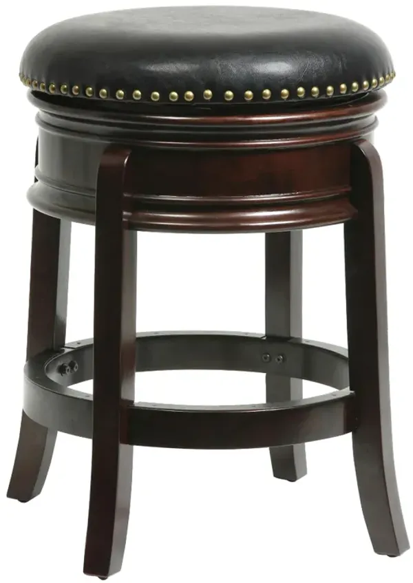 Sabi 24 inch Swivel Counter Stool, Solid Wood, Faux Leather, Cappuccino, Brown - Benzara