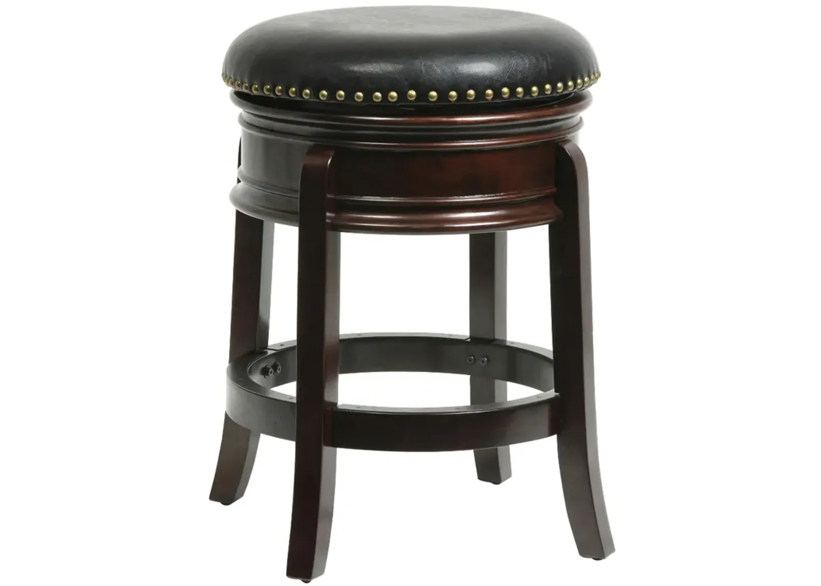 Sabi 24 inch Swivel Counter Stool, Solid Wood, Faux Leather, Brown, Black-Benzara