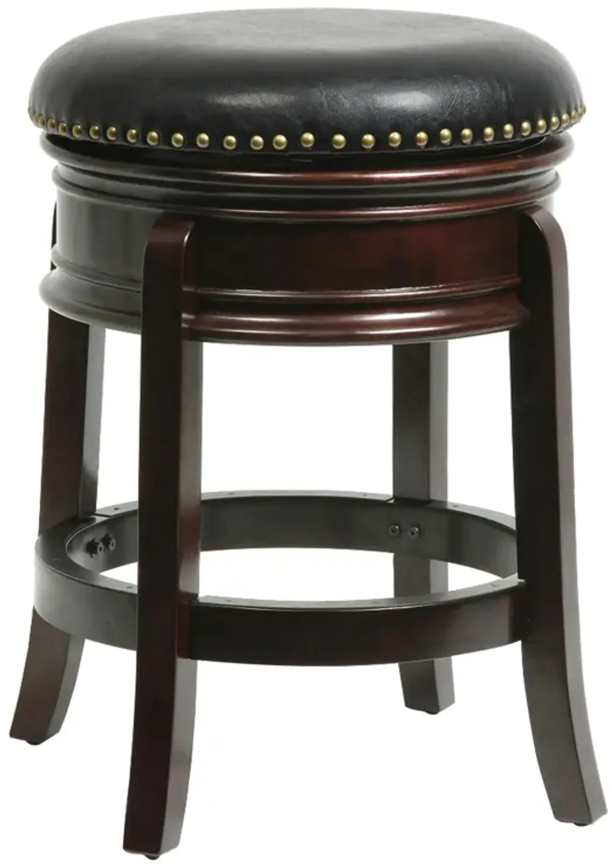 Sabi 24 inch Swivel Counter Stool, Solid Wood, Faux Leather, Brown, Black-Benzara