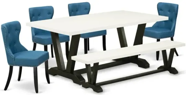 East West Furniture 6-Pc Dining Room Table Set- 4 Parson Dining Room Chairs with Blue Linen Fabric Seat and Button Tufted Chair Back - Rectangular Top & Wooden Legs Wood Kitchen Table and