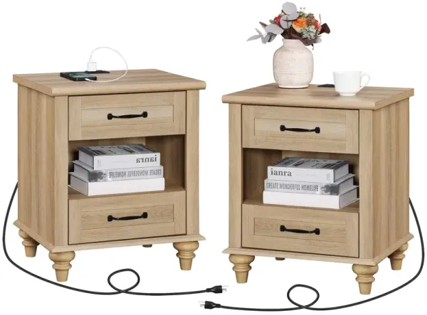 WAMPAT Oak Nightstands Set of 2 Side Tables with Charging Station, Farmhouse End Table with 2 Drawers & Shelf for Living Room, L