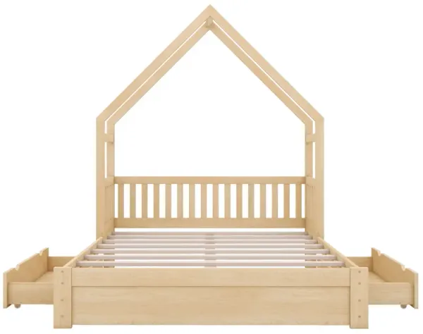 Whisen Queen Size Wood House Platform Bed with Guardrail and 2 Drawers - White