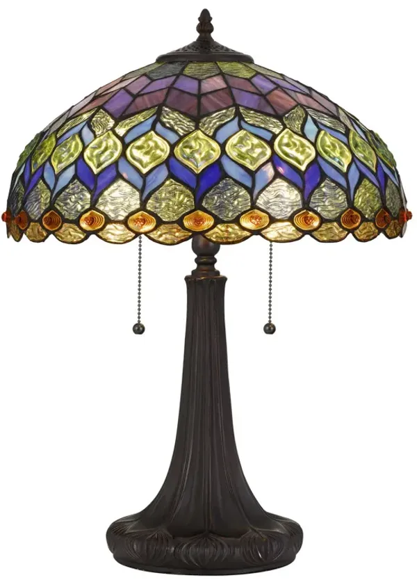 120 Watt Tiffany Table Lamp with Engraved Base, Multicolor - Benzara