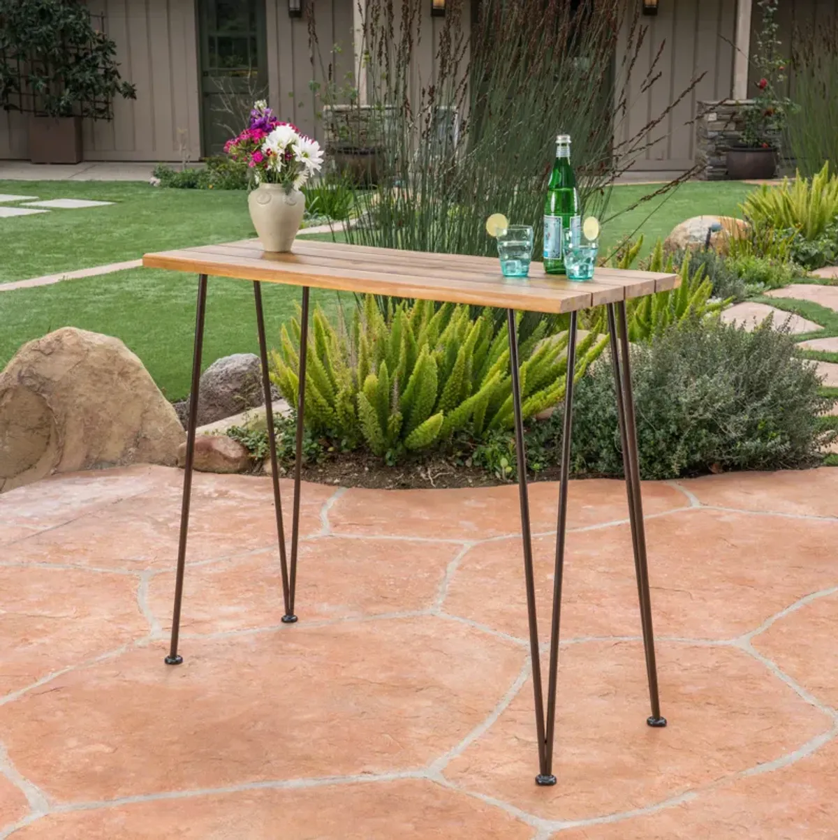 Chic Industrial Teak Acacia Wood Outdoor Bar Table