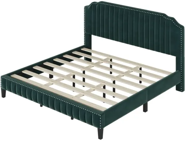 3 Pieces Bedroom Set Modern Velvet Curved Upholstered Green Platform King Bed with Two White Nightstands