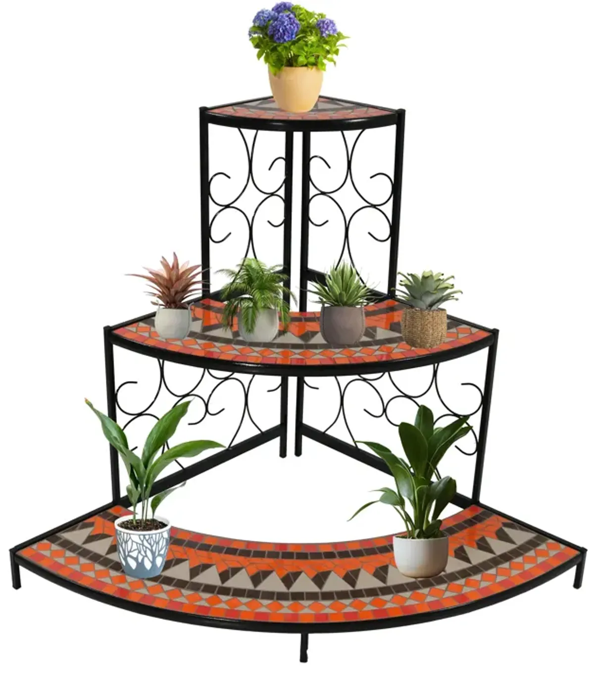 Sunnydaze Black Steel/Orange Mosaic 3-Tier Step Corner Plant Stand - 40 in