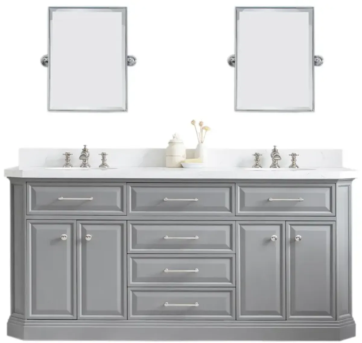 Palace 72 In. Double Sink Carrara Quartz Countertop Bath Vanity in Cashmere Grey with Polished Nickel (PVD) Hardware, Waterfall Faucets and Rectangular Pivot Mirrors