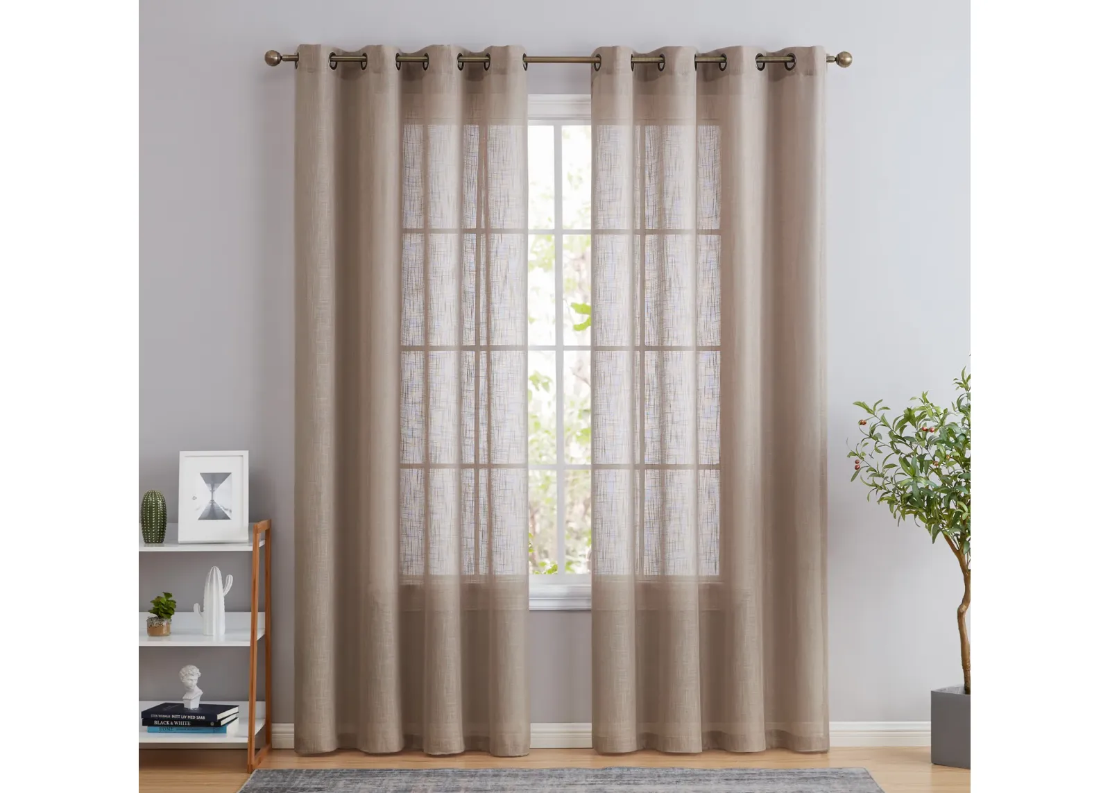 THD Serena Faux Linen Textured Semi Sheer Privacy Light Filtering Transparent Window Grommet Thick Curtains Drapery Panels for Bedroom & Living Room, 2 Panels