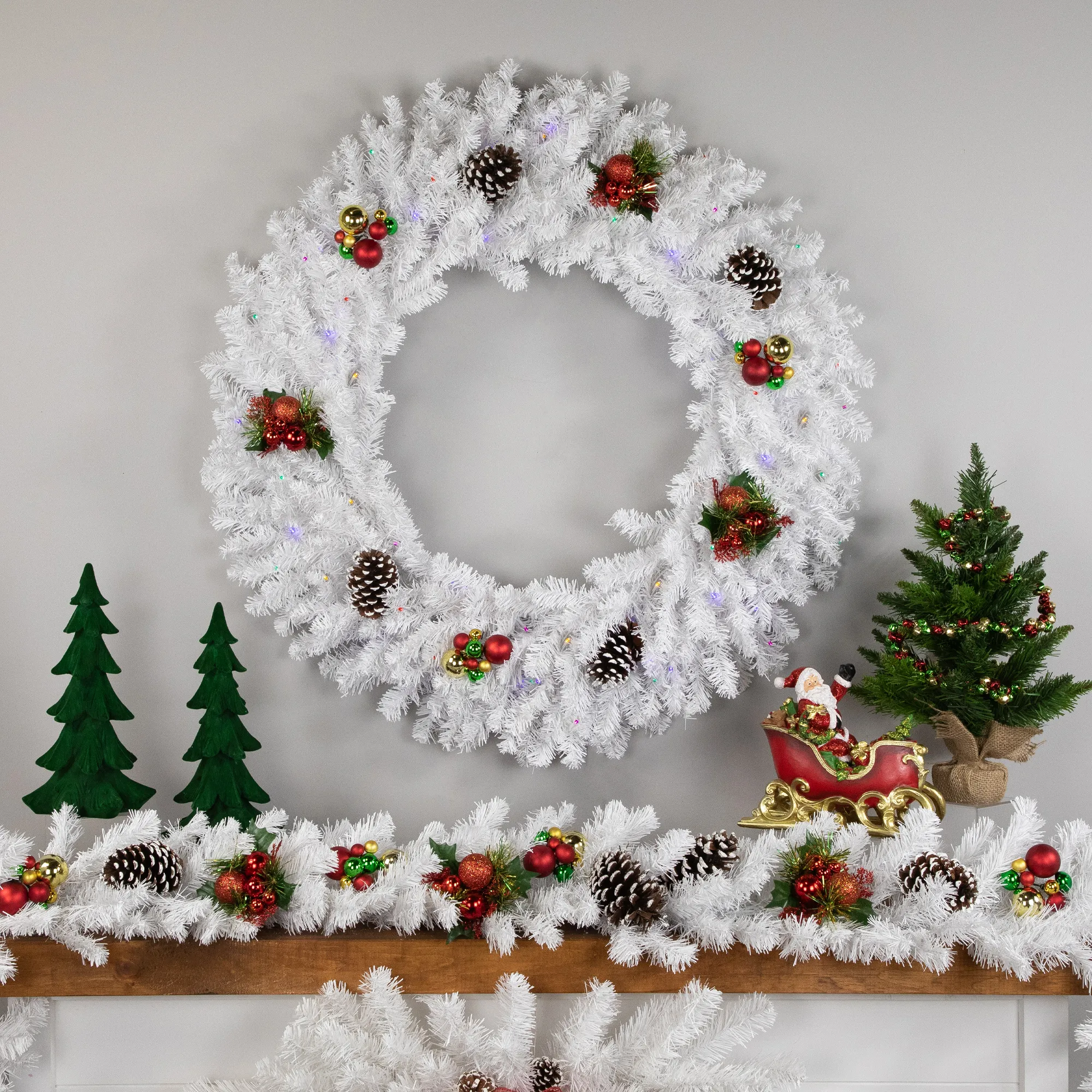 Pre-Lit White Pine LED Artificial Christmas Wreath - 36-Inch  Multicolor Lights