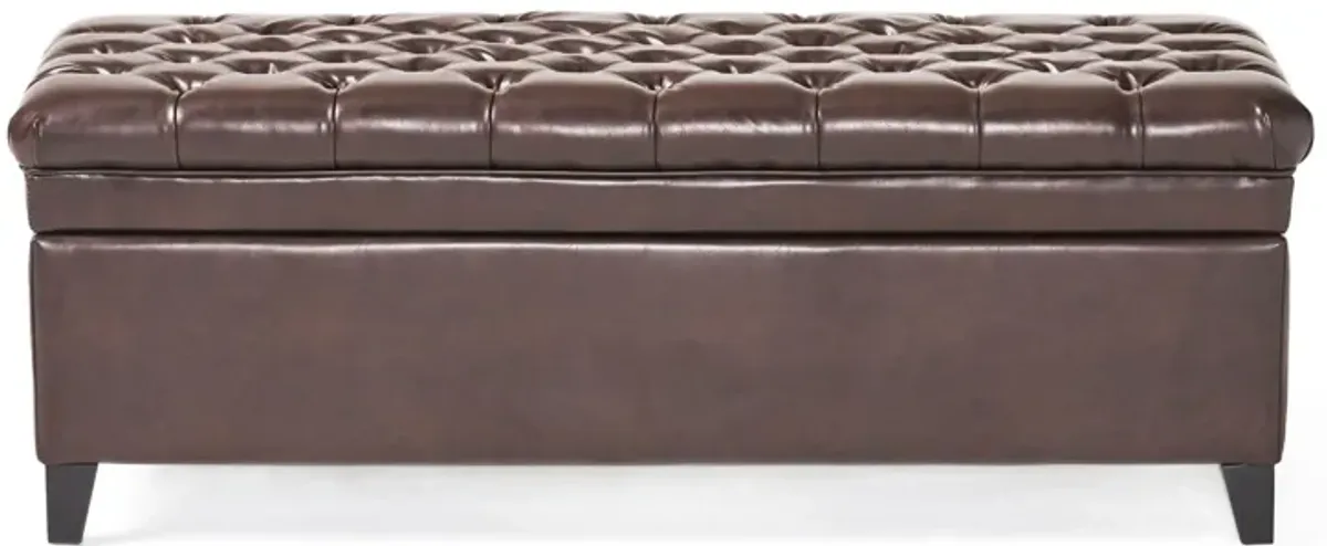 Rhya Storage Ottoman Bench, Brown Faux Leather, Black Wood, 50 Inch -Benzara