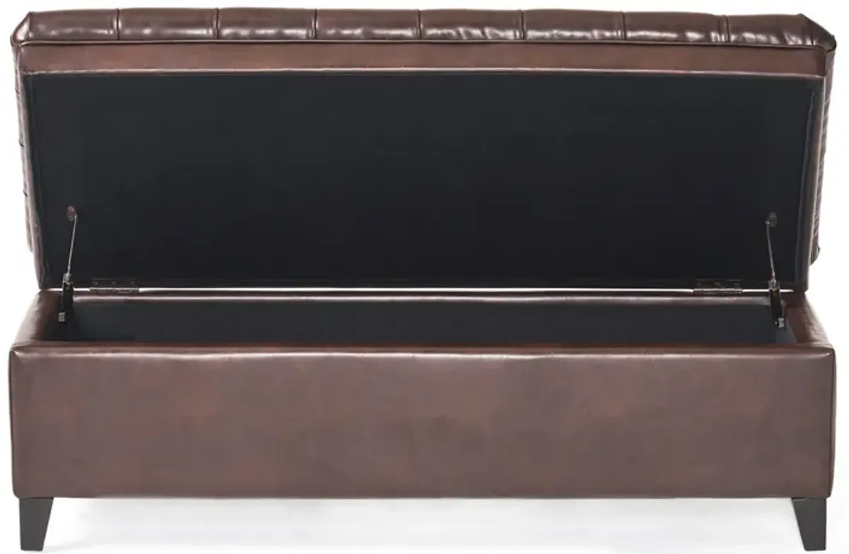 Rhya Storage Ottoman Bench, Brown Faux Leather, Black Wood, 50 Inch -Benzara