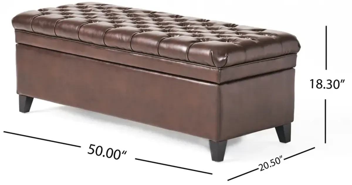 Rhya Storage Ottoman Bench, Brown Faux Leather, Black Wood, 50 Inch -Benzara