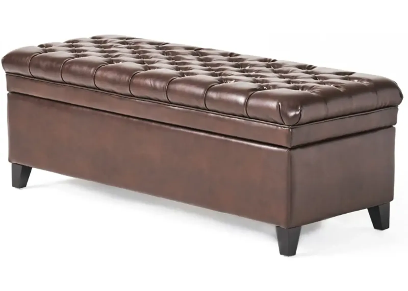 Rhya Storage Ottoman Bench, Brown Faux Leather, Black Wood, 50 Inch -Benzara