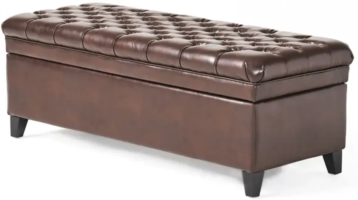 Rhya Storage Ottoman Bench, Brown Faux Leather, Black Wood, 50 Inch -Benzara