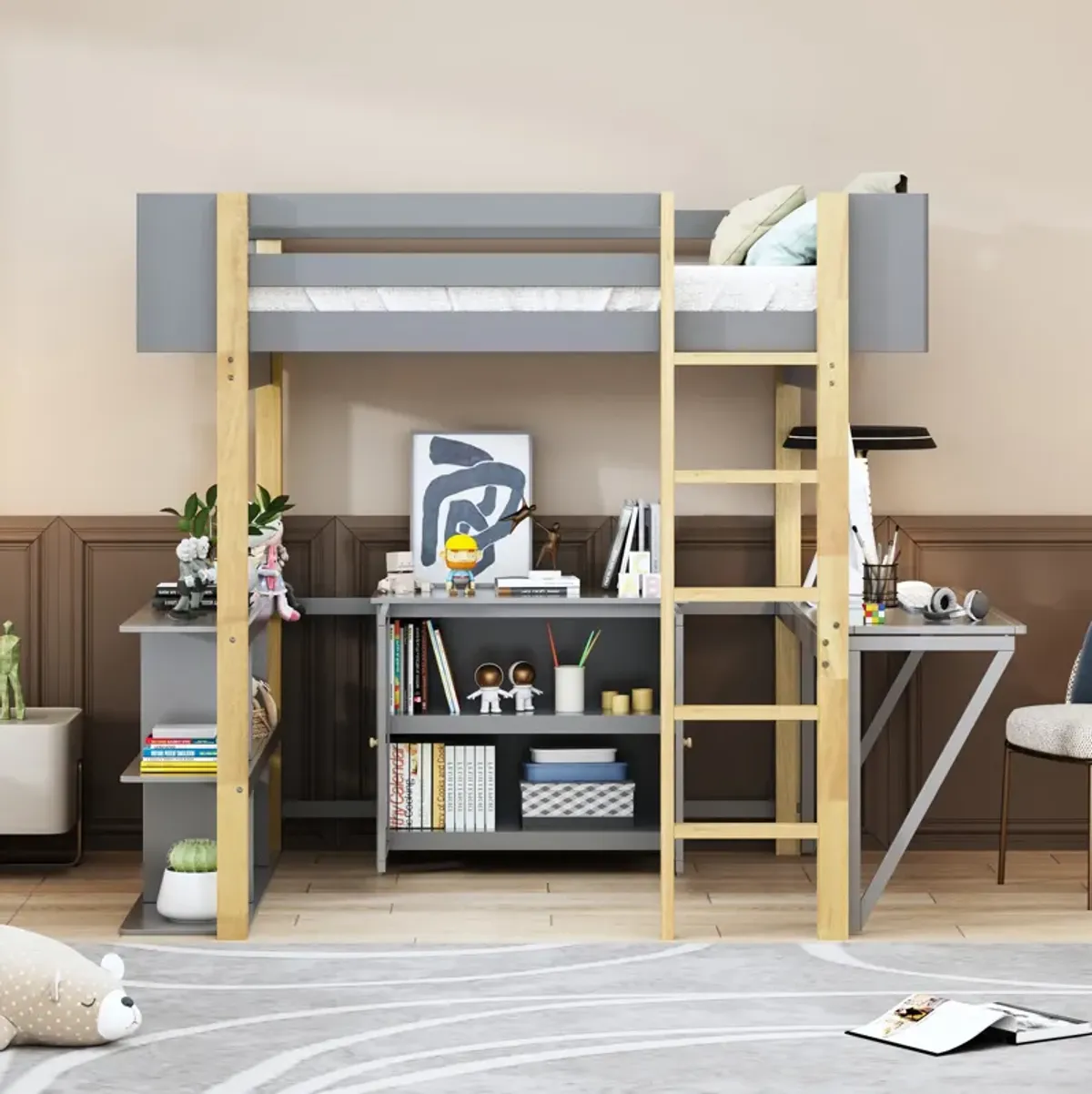 Merax Wood Loft Bed With Built-in Storage Cabinet