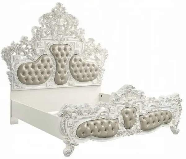 Kin King Size Bed, Ornate Vintage White, Tufted Beige Faux Leather - Benzara