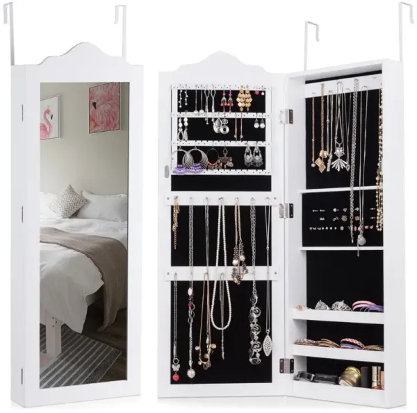 Wall Mounted Mirrored Jewelry Armoire Storage Organizer