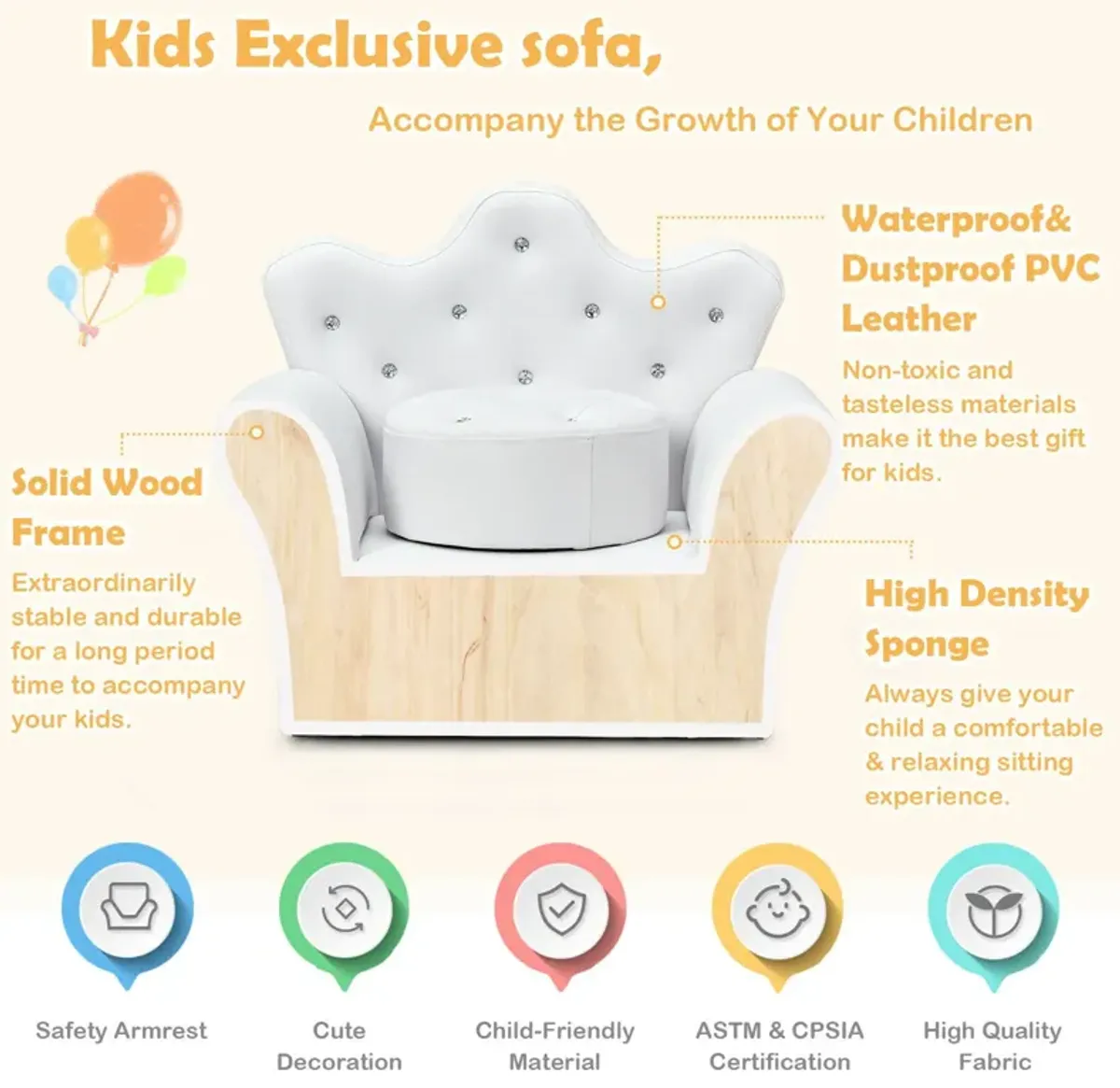 Children Upholstered Princess Sofa with Ottoman and Diamond Decoration for Boys and Girls